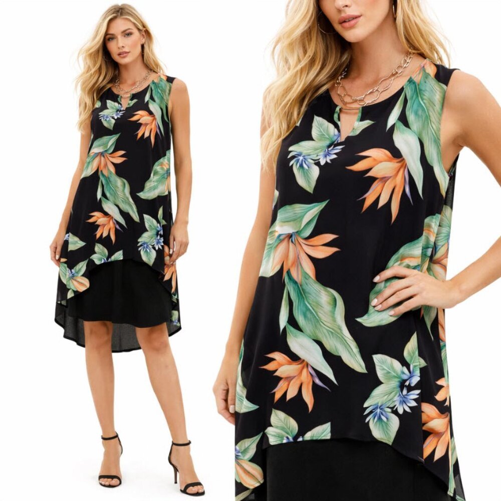 Amanda Black Floral Midi Dress size medium Relax Fit Vacation Resort wear Chic